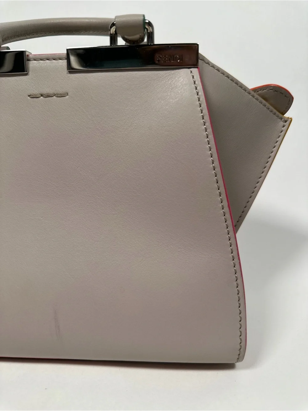 Fendi Small Top-Handle Satchel in Light Gray with Pink and Orange Trim